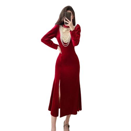 FA47739# 黑色晚礼服女新款轻奢小众高端丝绒长袖宴会鱼尾主持人裙  服裝批發女裝批發服飾貨源