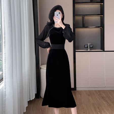 FA47741# 十三行品质黑色长袖连衣裙晚礼服轻奢高级感名媛收腰长裙  服裝批發女裝批發服飾貨源