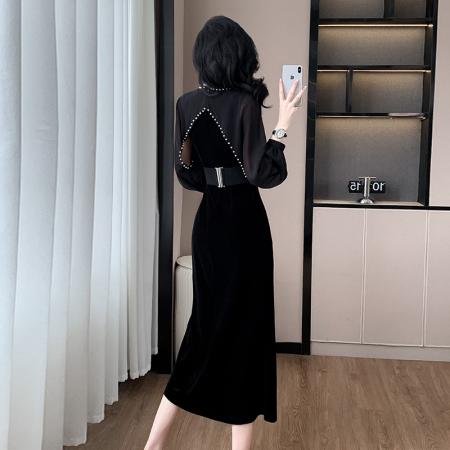 FA47741# 十三行品质黑色长袖连衣裙晚礼服轻奢高级感名媛收腰长裙  服裝批發女裝批發服飾貨源