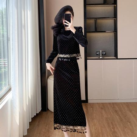 FA47742# 十三行品质法式轻奢名媛气质丝绒拼接流苏包臀两件套连衣裙  服裝批發女裝批發服飾貨源