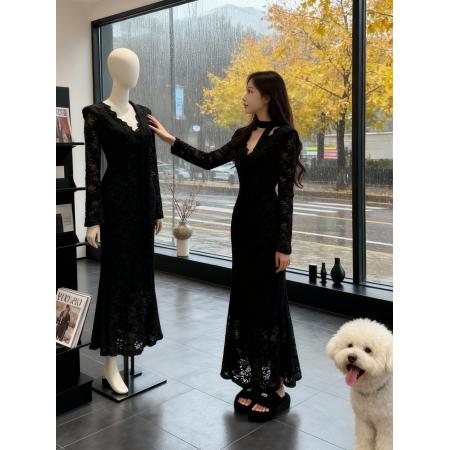 FA47743# 法式复古蕾丝V领长袖连衣裙女秋冬新款收腰修身显瘦气质长裙  服裝批發女裝批發服飾貨源