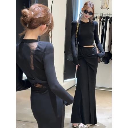 FA47745# 韩系气质镂空露背长袖T恤扭结半身裙两件套女早秋季新款时尚套装  服裝批發女裝批發服飾貨源