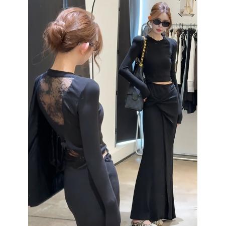 FA47745# 韩系气质镂空露背长袖T恤扭结半身裙两件套女早秋季新款时尚套装  服裝批發女裝批發服飾貨源