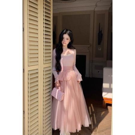 FA47747# 胡桃夹子少女感温柔拼接网纱仙女风显瘦长袖连衣裙加厚  服裝批發女裝批發服飾貨源