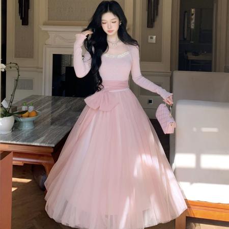 FA47747# 胡桃夹子少女感温柔拼接网纱仙女风显瘦长袖连衣裙加厚  服裝批發女裝批發服飾貨源