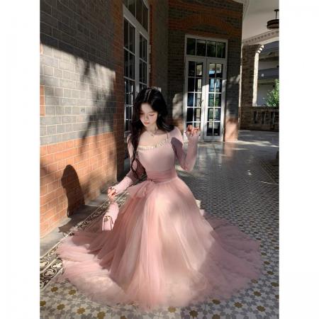 FA47747# 胡桃夹子少女感温柔拼接网纱仙女风显瘦长袖连衣裙加厚  服裝批發女裝批發服飾貨源