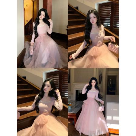 FA47747# 胡桃夹子少女感温柔拼接网纱仙女风显瘦长袖连衣裙加厚  服裝批發女裝批發服飾貨源