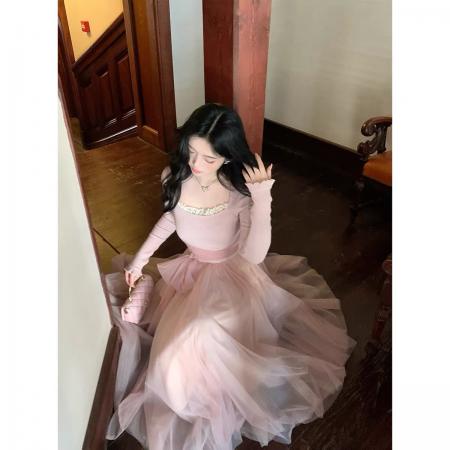 FA47747# 胡桃夹子少女感温柔拼接网纱仙女风显瘦长袖连衣裙加厚  服裝批發女裝批發服飾貨源