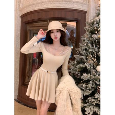 FA47748# 流光秘境时尚百搭气质连衣裙带腰带  服裝批發女裝批發服飾貨源