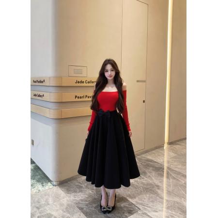 FA47749# 可露丽性感一字肩长袖针织衫高腰半身长裙名媛两件套  服裝批發女裝批發服飾貨源