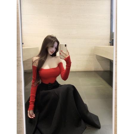 FA47749# 可露丽性感一字肩长袖针织衫高腰半身长裙名媛两件套  服裝批發女裝批發服飾貨源
