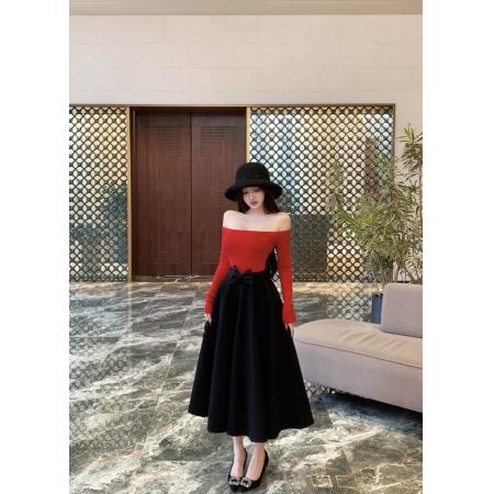 FA47749# 可露丽性感一字肩长袖针织衫高腰半身长裙名媛两件套  服裝批發女裝批發服飾貨源