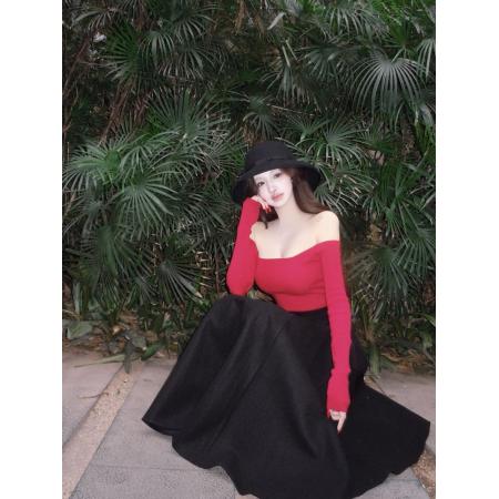 FA47749# 可露丽性感一字肩长袖针织衫高腰半身长裙名媛两件套  服裝批發女裝批發服飾貨源