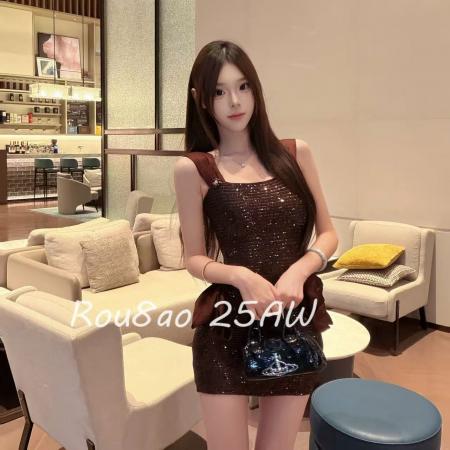 重工亮闪闪吊带连衣裙女装秋季收腰修身亮片裙子辣妹性感包臀短裙  服裝批發女裝批發服飾貨源