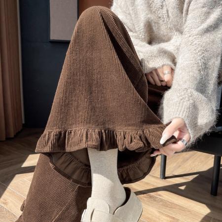 FA47751# 咖色灯芯绒条绒裤子女秋冬新款棕色木耳边设计感九分裤阔腿裤  服裝批發女裝批發服飾貨源