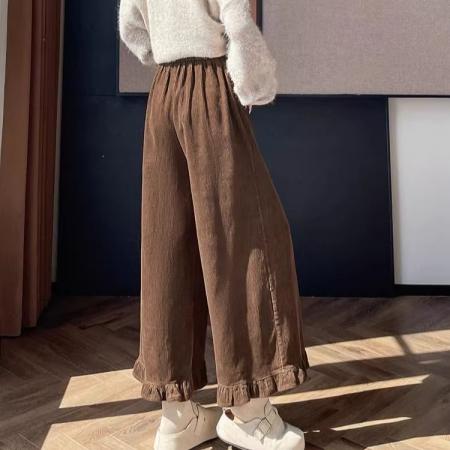 FA47751# 咖色灯芯绒条绒裤子女秋冬新款棕色木耳边设计感九分裤阔腿裤  服裝批發女裝批發服飾貨源