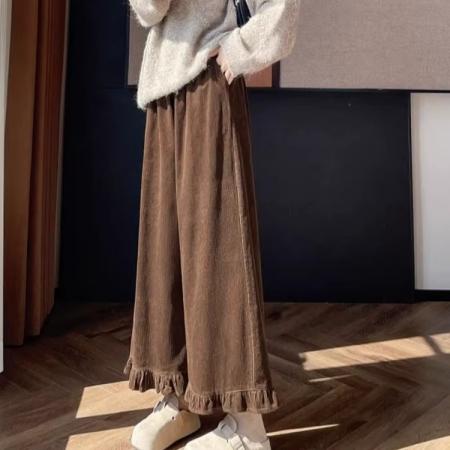 FA47751# 咖色灯芯绒条绒裤子女秋冬新款棕色木耳边设计感九分裤阔腿裤  服裝批發女裝批發服飾貨源