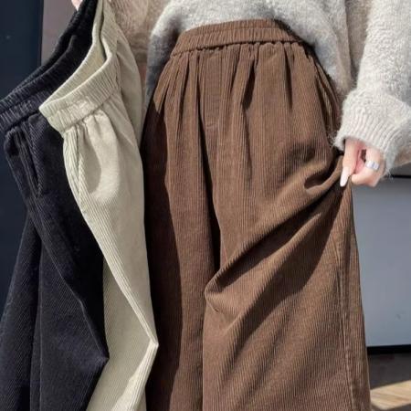 FA47751# 咖色灯芯绒条绒裤子女秋冬新款棕色木耳边设计感九分裤阔腿裤  服裝批發女裝批發服飾貨源