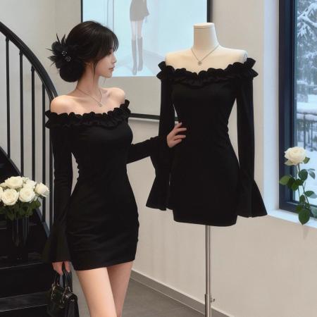 FA47752# 甜辣纯欲一字肩连衣裙女秋喇叭袖新款荷叶边露肩紧身包臀短  服裝批發女裝批發服飾貨源