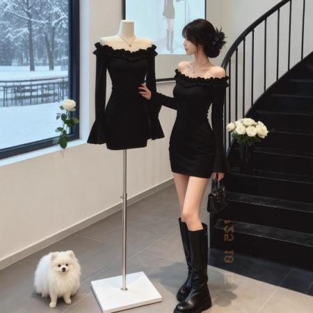 FA47752# 甜辣纯欲一字肩连衣裙女秋喇叭袖新款荷叶边露肩紧身包臀短  服裝批發女裝批發服飾貨源