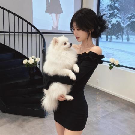 FA47752# 甜辣纯欲一字肩连衣裙女秋喇叭袖新款荷叶边露肩紧身包臀短  服裝批發女裝批發服飾貨源