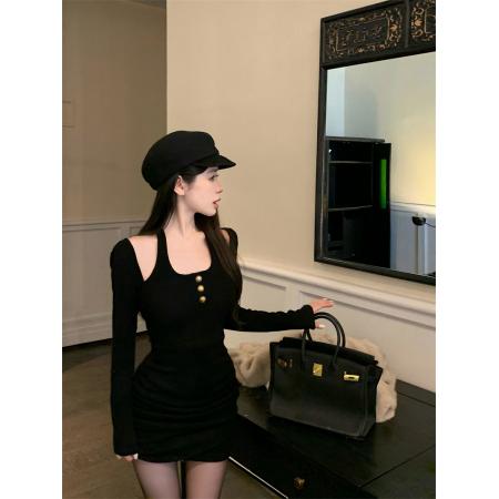 FA47755# 假两件抽绳不规则下摆长袖连衣裙  服裝批發女裝批發服飾貨源