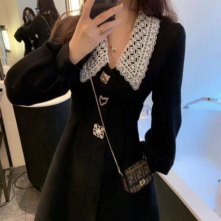 FA47756# 有娃娃领连衣裙女春秋收腰显瘦内搭打底裙子赫本风小黑裙  服裝批發女裝批發服飾貨源