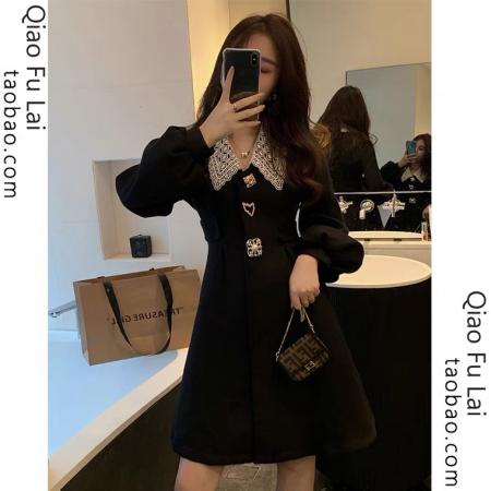 FA47756# 有娃娃领连衣裙女春秋收腰显瘦内搭打底裙子赫本风小黑裙  服裝批發女裝批發服飾貨源