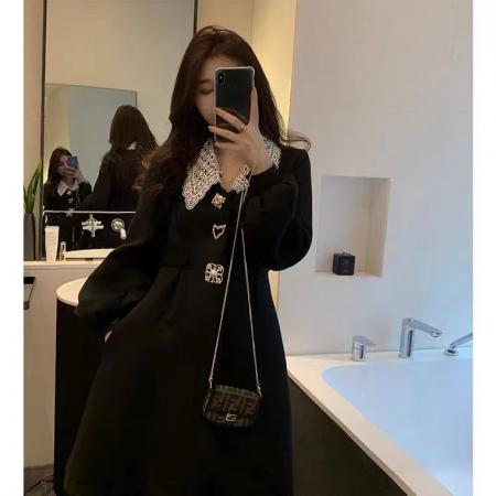 FA47756# 有娃娃领连衣裙女春秋收腰显瘦内搭打底裙子赫本风小黑裙  服裝批發女裝批發服飾貨源