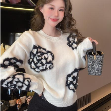 FA47757# 灰色珍珠花纹装饰毛衣女复古小众宽松圆领长袖上衣  服裝批發女裝批發服飾貨源
