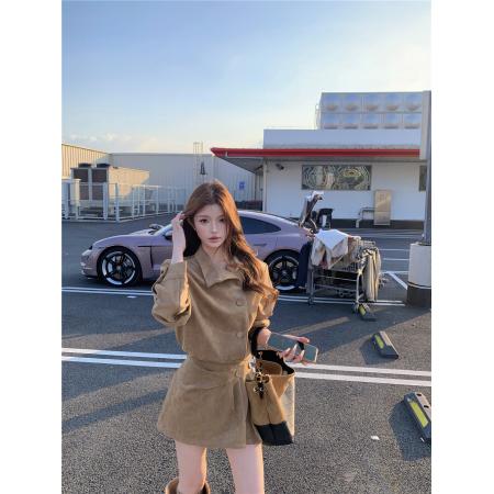 秋冬季新款韩版复古时髦百搭设计感麂皮连衣裙修身中长裙女  服裝批發女裝批發服飾貨源