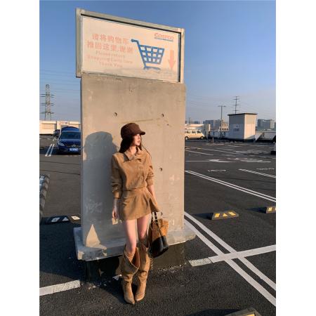 秋冬季新款韩版复古时髦百搭设计感麂皮连衣裙修身中长裙女  服裝批發女裝批發服飾貨源