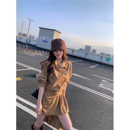 秋冬季新款韩版复古时髦百搭设计感麂皮连衣裙修身中长裙女  服裝批發女裝批發服飾貨源