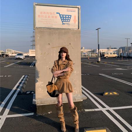 秋冬季新款韩版复古时髦百搭设计感麂皮连衣裙修身中长裙女  服裝批發女裝批發服飾貨源