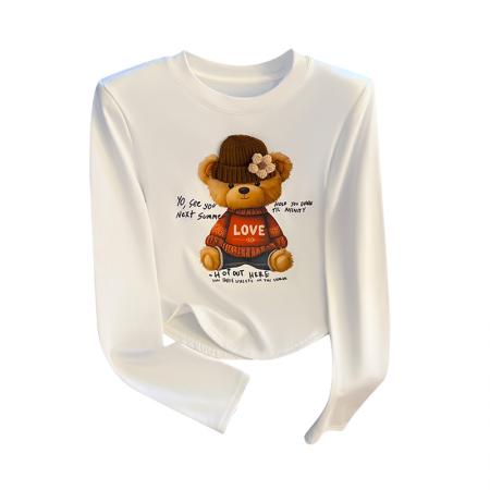 思洛伊冬新款磨毛圆领毛线帽小熊套头百搭长袖打底上衣  服裝批發女裝批發服飾貨源