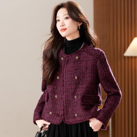 双排扣直角肩设计短款箱型粗花呢香风外套  服裝批發女裝批發服飾貨源