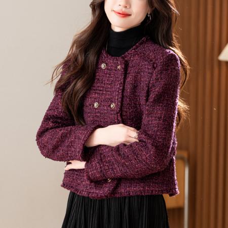 双排扣直角肩设计短款箱型粗花呢香风外套  服裝批發女裝批發服飾貨源