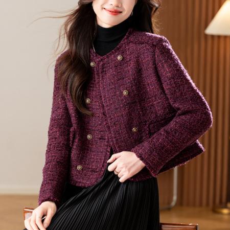 双排扣直角肩设计短款箱型粗花呢香风外套  服裝批發女裝批發服飾貨源