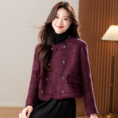 双排扣直角肩设计短款箱型粗花呢香风外套  服裝批發女裝批發服飾貨源