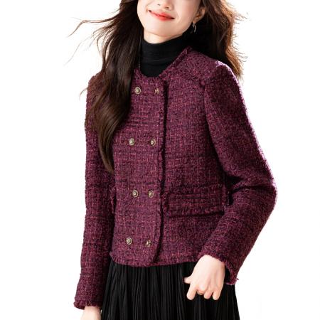 双排扣直角肩设计短款箱型粗花呢香风外套  服裝批發女裝批發服飾貨源