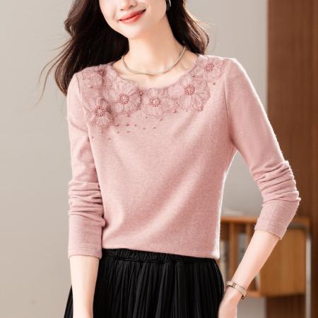 新款法式气质圆领欧根纱钉珠纯色加厚保暖绒衫长袖上衣女秋冬  服裝批發女裝批發服飾貨源