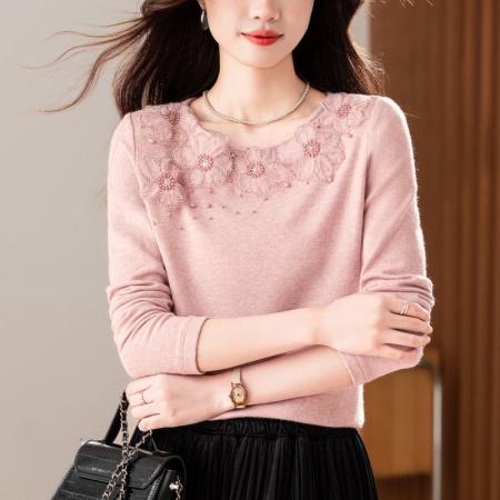 FA47762# 新款法式气质圆领欧根纱钉珠纯色加厚保暖绒衫长袖上衣女秋冬  服裝批發女裝批發服飾貨源