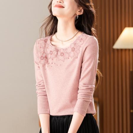 FA47762# 新款法式气质圆领欧根纱钉珠纯色加厚保暖绒衫长袖上衣女秋冬  服裝批發女裝批發服飾貨源