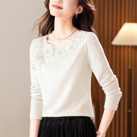 FA47762# 新款法式气质圆领欧根纱钉珠纯色加厚保暖绒衫长袖上衣女秋冬  服裝批發女裝批發服飾貨源