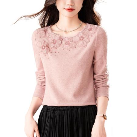 FA47762# 新款法式气质圆领欧根纱钉珠纯色加厚保暖绒衫长袖上衣女秋冬  服裝批發女裝批發服飾貨源