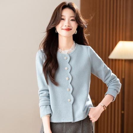 蓝色短款外套女新款秋冬钉珠木耳边绒感上衣小个子  服裝批發女裝批發服飾貨源