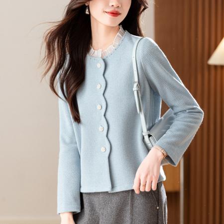 蓝色短款外套女新款秋冬钉珠木耳边绒感上衣小个子  服裝批發女裝批發服飾貨源