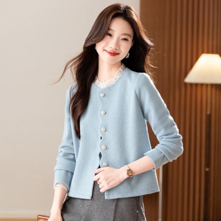 蓝色短款外套女新款秋冬钉珠木耳边绒感上衣小个子  服裝批發女裝批發服飾貨源