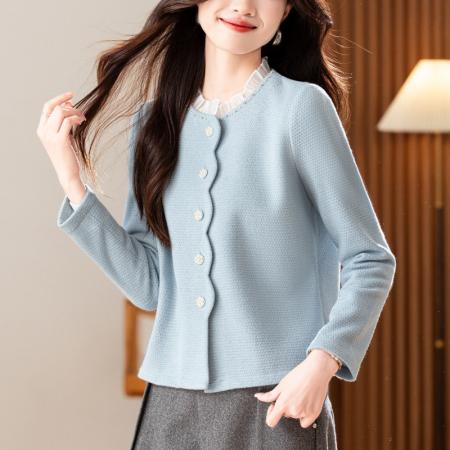 蓝色短款外套女新款秋冬钉珠木耳边绒感上衣小个子  服裝批發女裝批發服飾貨源