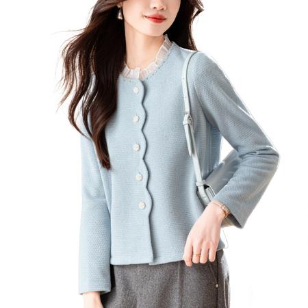 蓝色短款外套女新款秋冬钉珠木耳边绒感上衣小个子  服裝批發女裝批發服飾貨源